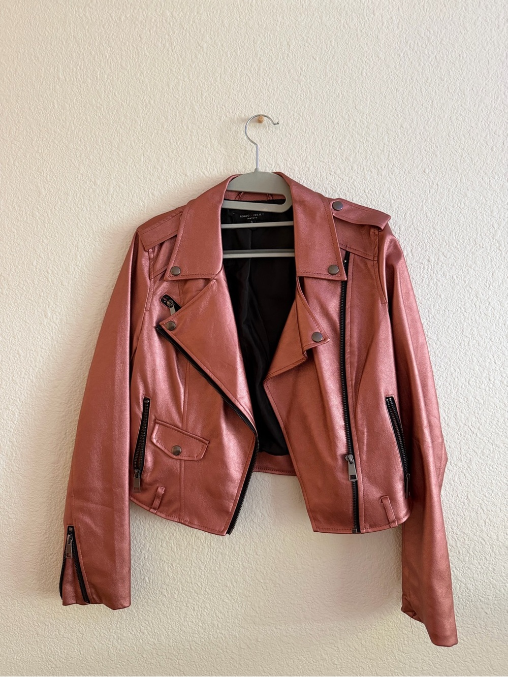 Romeo & Juliet Couture Rose Metallic Leather Moto Jacket